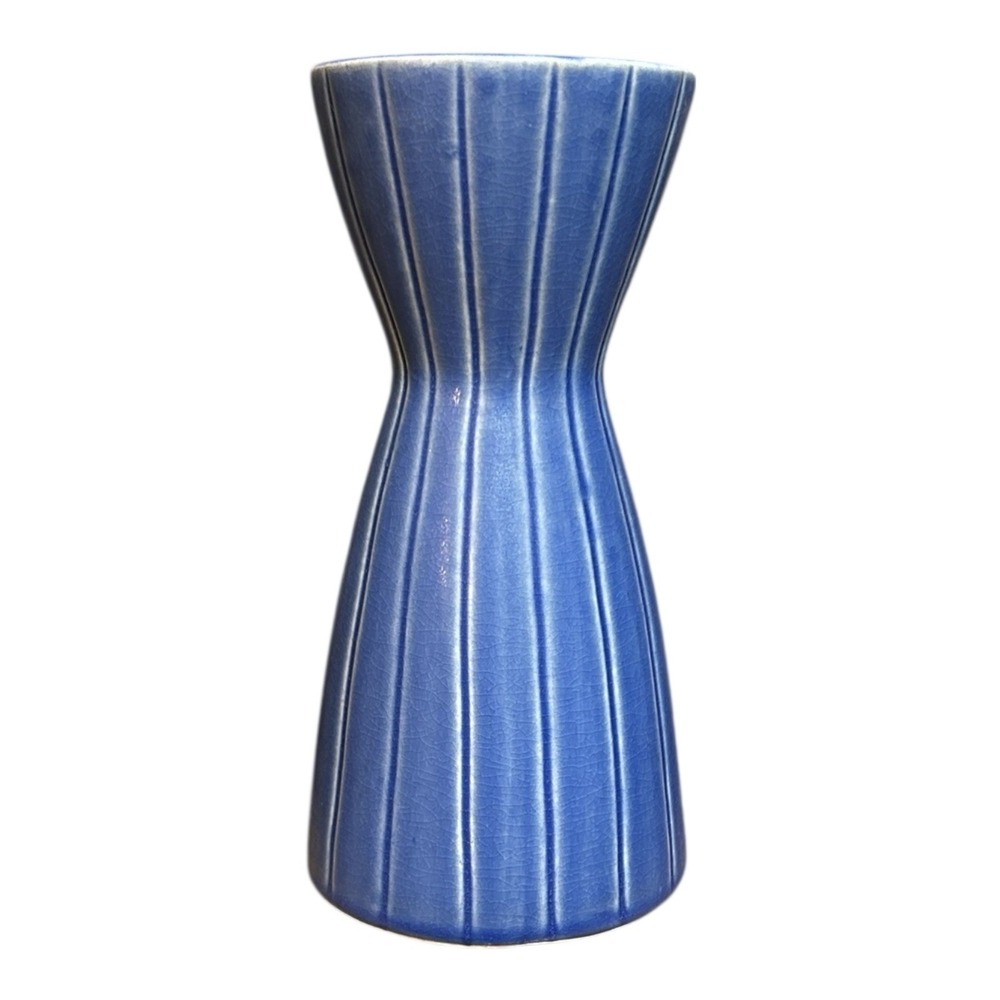 JONATHAN ADLER for Pottery Barn Blue Ribbed 10" Ceramic Vase MCM Revival